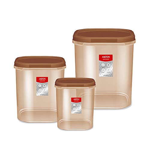 Milton Quadra Modular Multi-Purpose Plastic Containers With Lid, Set Of 3 (2L, 3L & 4L) Kitchen Storage Container Set For Spices, Atta, Grains Organizers, Transparent Dabba, Brown