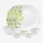 Cello Pack Of 10 Opalware Dazzle Opalware Oleander Dinner Set | Crockery Set |Green Dinner Set(Green, Microwave Safe)