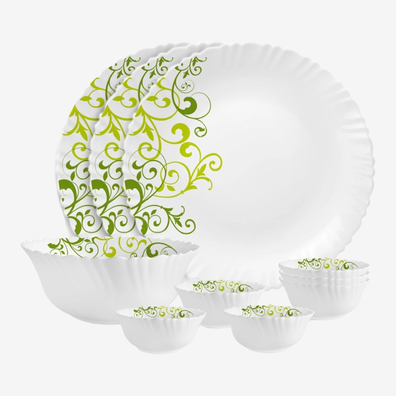 Cello Pack Of 10 Opalware Dazzle Opalware Oleander Dinner Set | Crockery Set |Green Dinner Set(Green, Microwave Safe)