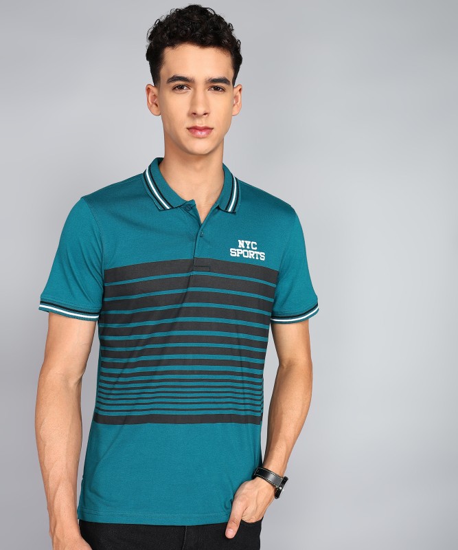 Metronaut Striped Men Polo Neck Green T-Shirt