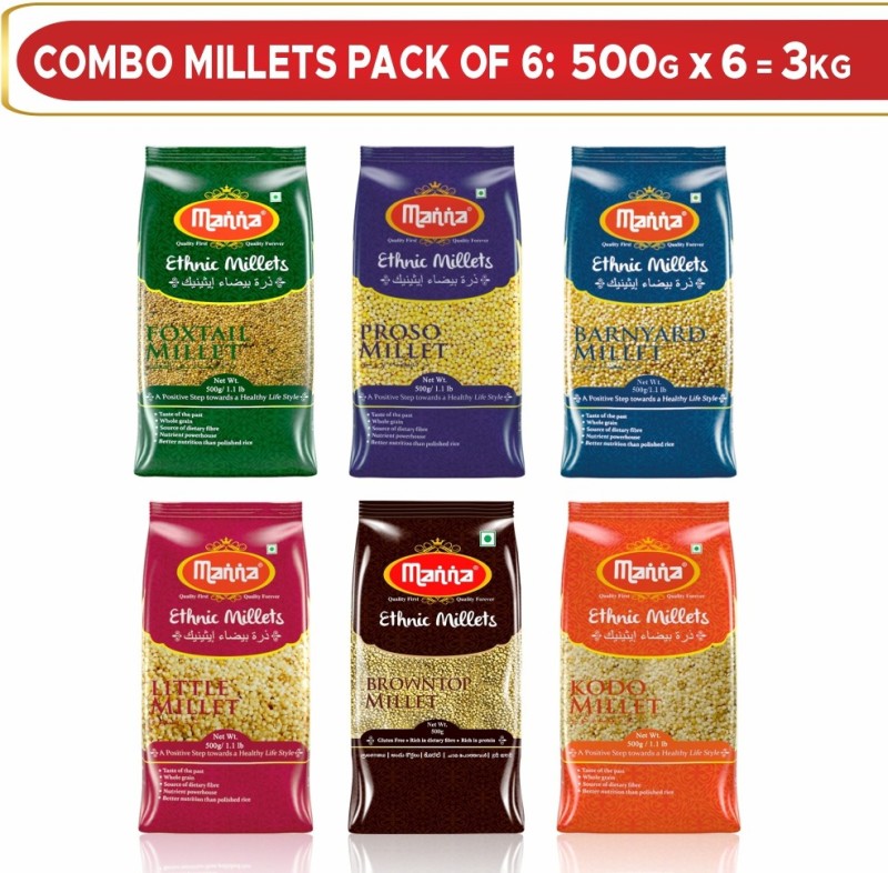 Manna Browntop, Foxtail, Kodo, Proso, Barnyard & Little High Fiber Unpolished Mixed Millet(3 Kg, Pack Of 6)