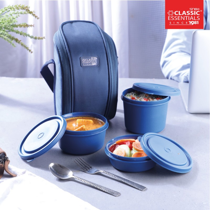 Classic Essentials Stainless Steel Lunch Box Set With Cutlery & Bag | Microwave Safe 3 Containers Lunch Box(1250 Ml, Thermoware)