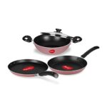 Pigeon Basics Non Induction Base Nons Tick Aluminium Cookware Set, Including Nonstick Dosa Tawa, Nonstick Kadai With Glass Lid, And Nonstick Frying Pan, (Pink)