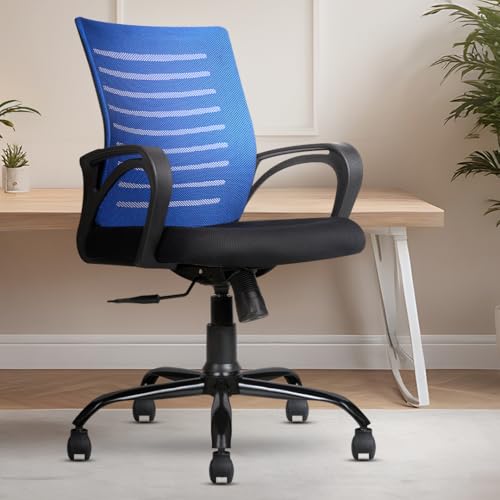 Innowin Mini Jazz Mesh Mid-Back Ergonomic Home Office Chair | 3-Years Limited Warranty Included | Tilting & Height Adjustable Mechanism, Heavy Duty Metal Base | Ideal For Office Work & Study (N Blue)