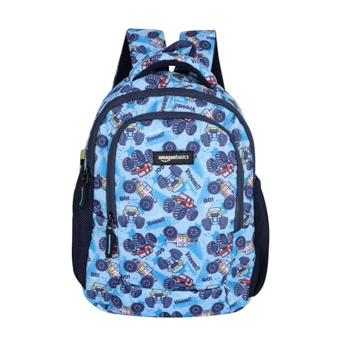 Amazon Basics Trendy And Spacious Truck Theme Kids Backpack | Comfortable Padding | 15 Inches (Blue)