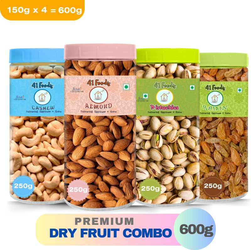 41 Foods Dry Fruits Combo Pack Of Kaju Badam Pista Kishmish 600 Gm Cashews, Almonds, Raisins, Pistachios(4 X 150 G)