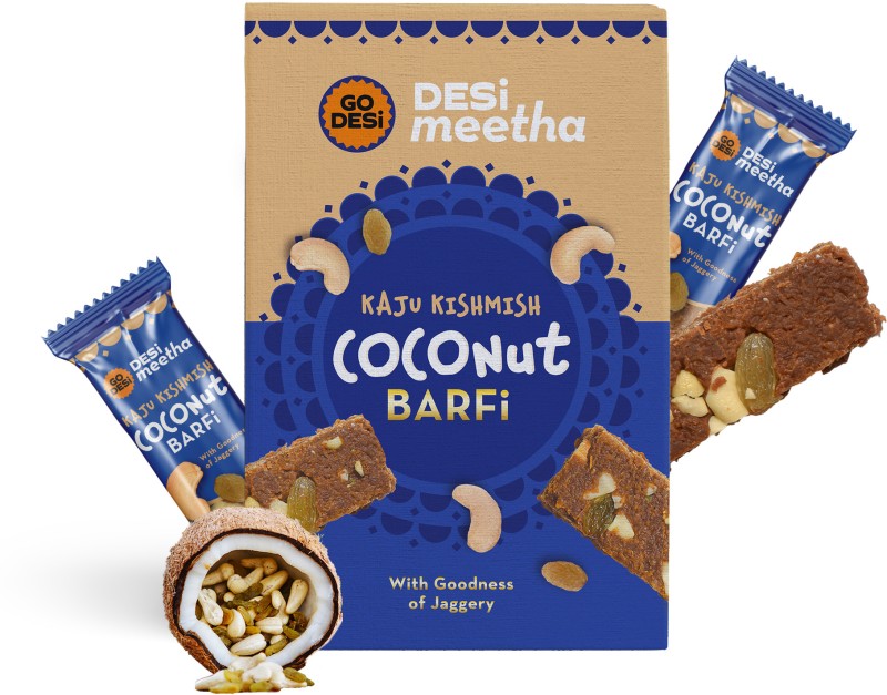 Go Desi Kaju Kishmish Coconut Barfi, Desi Meetha, Sweets, Mithai Box(420 G)