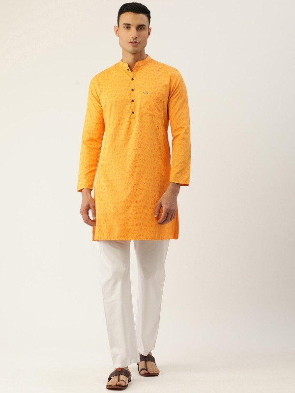 Peter England Men Printed Straight Kurta(Yellow)