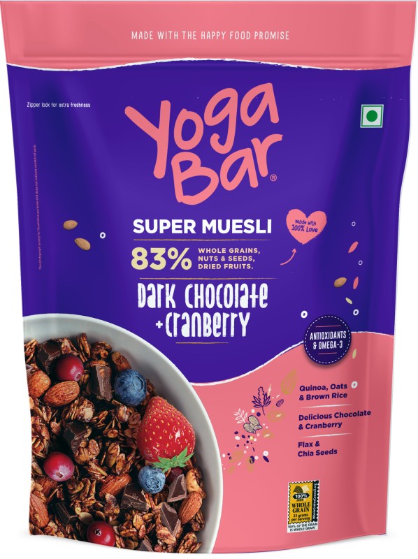 Yogabar Dark Chocolate & Cranberry Muesli 450 Gm | 83% Whole Grains, Nuts, Seeds Pouch(450 G)