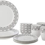 Amazon Brand – Solimo Ceramic Checkered 16 Piece Dinner Set | 4 Dinner Plates, 4 Quarter Plates, 4 Mugs & 4 Small Bowls | Zig Zag (White)