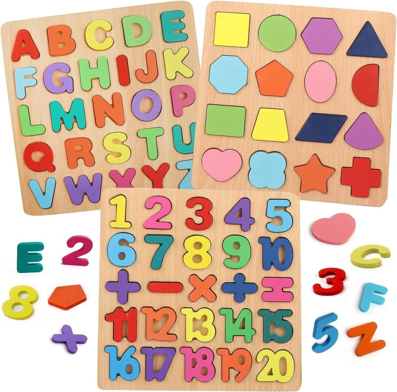 Zriyos Colorful Wooden Puzzle Set Featuring 3D Capital Alphabets, Numbers, And Shapes(Multicolor)