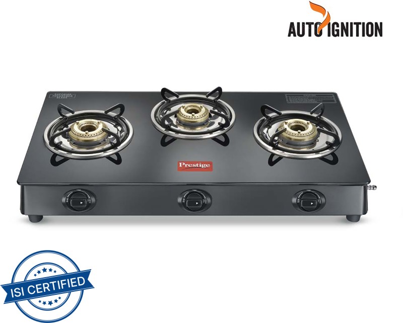 Prestige Atlas Plus High Effient Brass Burner & Toughened Glass Automatic Gas Stove(3 Burners)