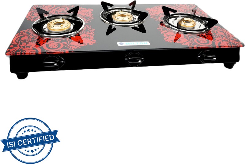 Milton Premium Ignition Lpg Stove – (Isi Certified, Door Step Service) Red Glass Manual Gas Stove(3 Burners)