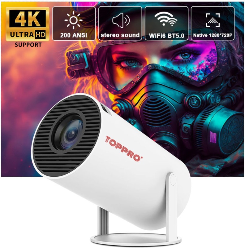 Toppro Hy300 1Gb/8Gb, Hd Android 11 Projector Wifi 6/Bt 5.0 180° Rotation Auto Keystone (4500 Lm / 1 Speaker / Wireless / Remote Controller) Portable Projector(White)