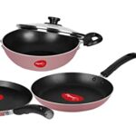 Pigeon Basics Non Stick Aluminium Non Induction Base Cookware Set, Including Dosa Tawa, Kadai With Glass Lid, And Frying Pan & Pigeon By Stove Kraft Shears Kitchen Knifes 6 Piece Set With Wooden Block