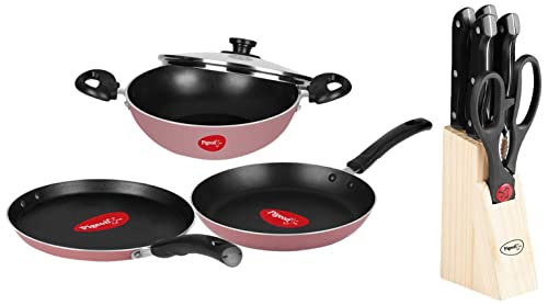 Pigeon Basics Non Stick Aluminium Non Induction Base Cookware Set, Including Dosa Tawa, Kadai With Glass Lid, And Frying Pan & Pigeon By Stove Kraft Shears Kitchen Knifes 6 Piece Set With Wooden Block