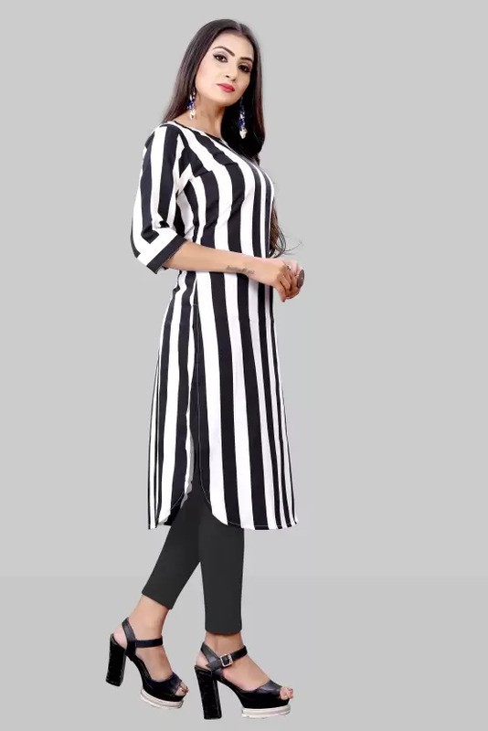 Ak Fashion Mall Women Striped Straight Kurta(White, Black)