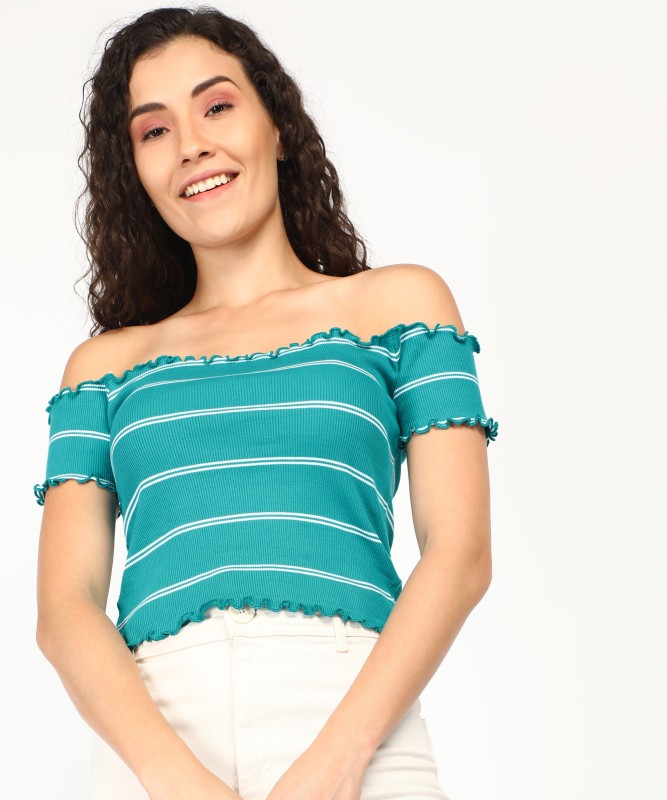 People Casual Striped Women Blue Top