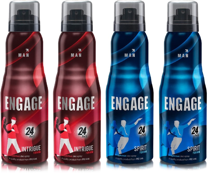 Engage Deo Combo, 2 Intrigue For Him (165Ml) & 2 Spirit For Him (165Ml), (Pack Of 4) Deodorant Spray – For Men(660 Ml, Pack Of 4)