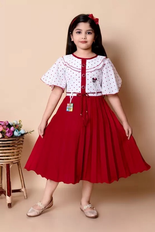 Sk Jj Dresses Girls Below Knee Festive/Wedding Dress(Maroon, Half Sleeve)