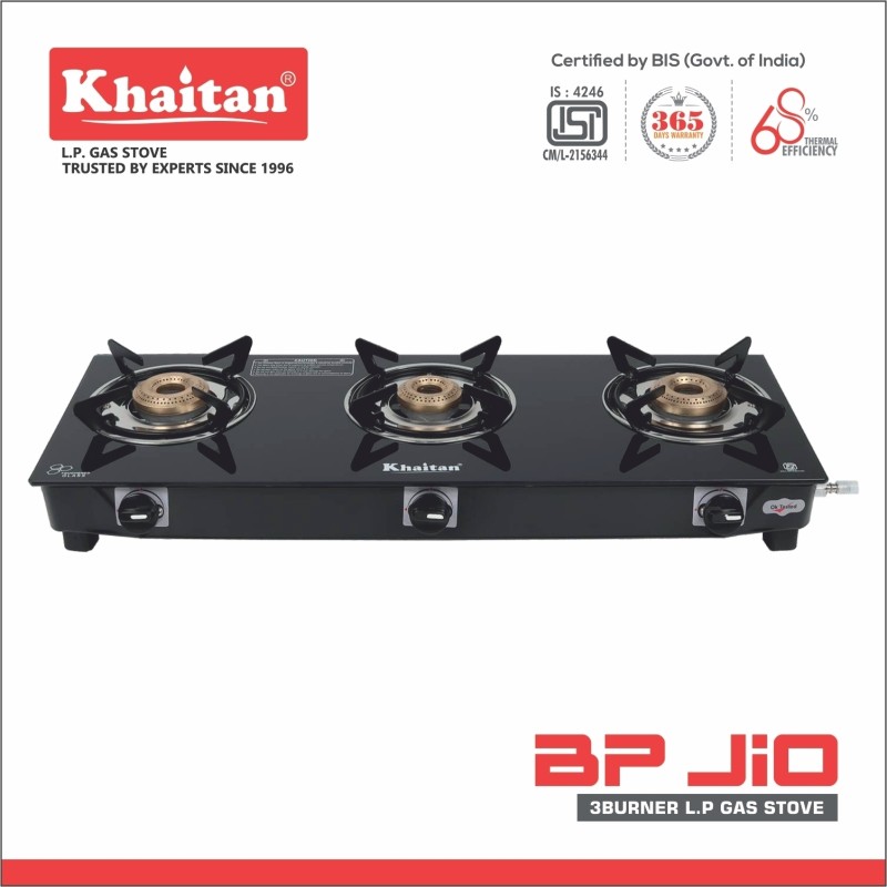 Khaitan 3B Bp Jio Black Glass Manual Gas Stove(3 Burners)