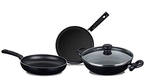 Nirlep By Bajaj Electricals Sakhi Induction-Base Non-Stick Cookware Set With Lid (3-Piece, Black), Aluminium