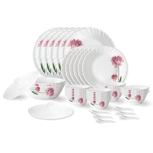 Larah By Borosil Nargis Fluted Series Opalware Dinner Set | 40 Pieces For Family Of 6 | Microwave & Dishwasher Safe | Bone-Ash Free | Crockery Set For Dining & Gifting | Plates & Bowls | White