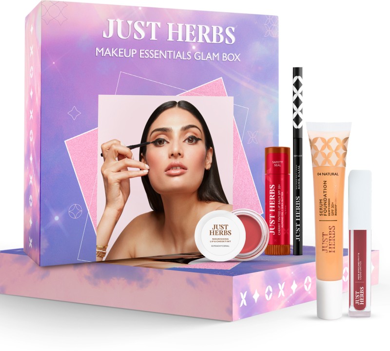 Just Herbs Makeup Glam Kit With Lip Balm, Foundation, Liquid Lipstick, Cheek Tint & Kajal