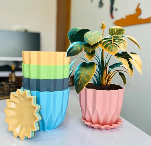 Eightiz Crystal Look Plastic Flower Pots With Tray For Home & Decoration Planters, Terrace, Garden Plant Container Set (Pack Of 5, Plastic)