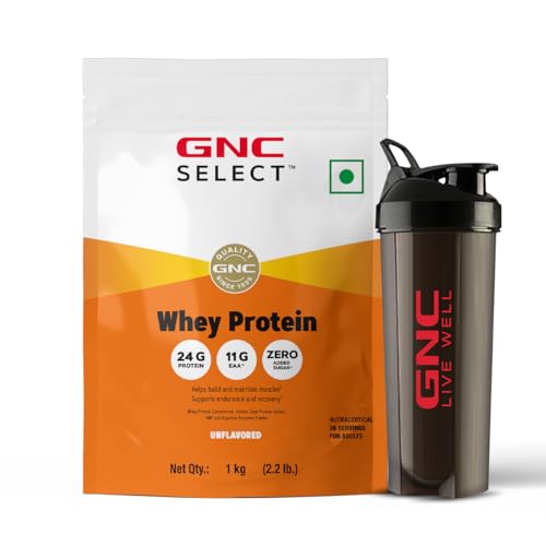 Gnc Whey Protein Blend With Free Shaker | 2.2 Lbs (1Kg) | Unflavoured|24 Gm Protein| Digestive Enzyme For Better Digestion | Faster Muscle Recovery | Boosts Strength & Endurance | Zero Added Sugar | Builds Lean Muscles | Formulated In Usa | Imported