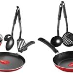 Pigeon By Stovekraft Mio Nonstick Aluminium Cookware Gift Set, Includes Nonstick Flat Tawa, Nonstick Fry Pan, Kitchen Tool Set, Kadai With Glass Lid, 8 Pieces Non-Induction Base Kitchen Set – Red