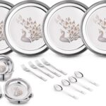 Classic Essentials Pack Of 24 Stainless Steel Peacock Lazer Design Stainless Steel Heavy Gauge Dinner Set Shagun|Bartan Set Dinner Set(Steel)