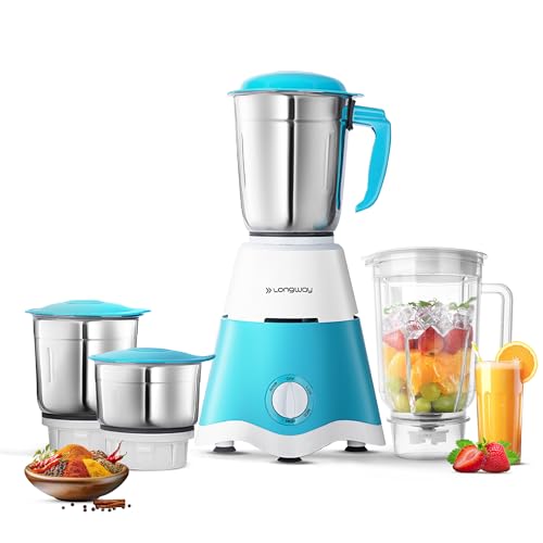 Longway Super Dlx 750 Watt Juicer Mixer Grinder With 4 Jars For Grinding, Mixing, Juicing With Powerful Motor | 1 Year Warranty | (White & Blue, 4 Jars)