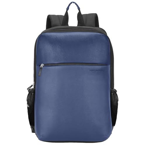 Amazon Basics Chairman 24L Backpack | Padded Laptop Sleeve For 14″ Devices | Water-Resistant Polyester & Vegan Leather | Multiple Compartments & Organizer | Trolley Handle Pass-Through (Blue)