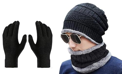 Elegance Living Winter Knit Beanie Cap, Neck Warmer Scarf And Woolen Gloves Set For Men