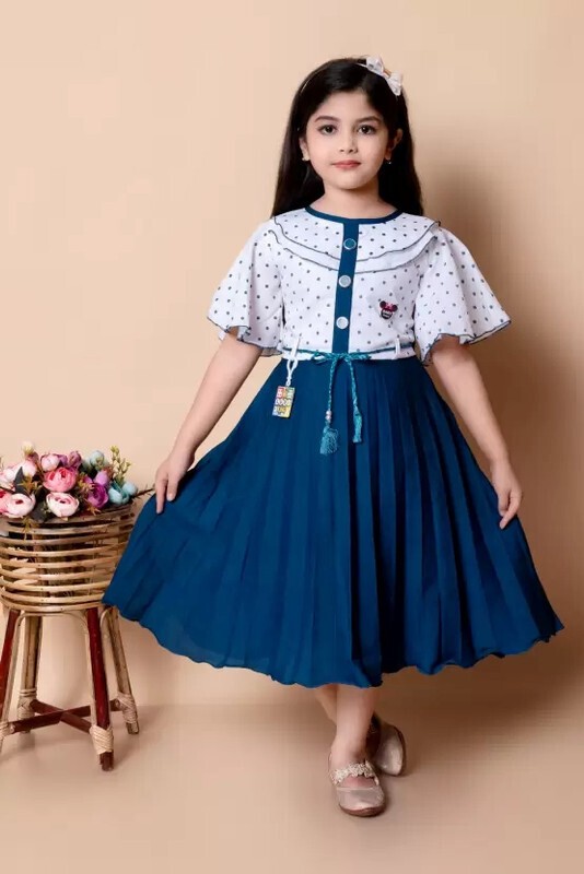 Sk Jj Dresses Girls Below Knee Festive/Wedding Dress(Blue, Half Sleeve)