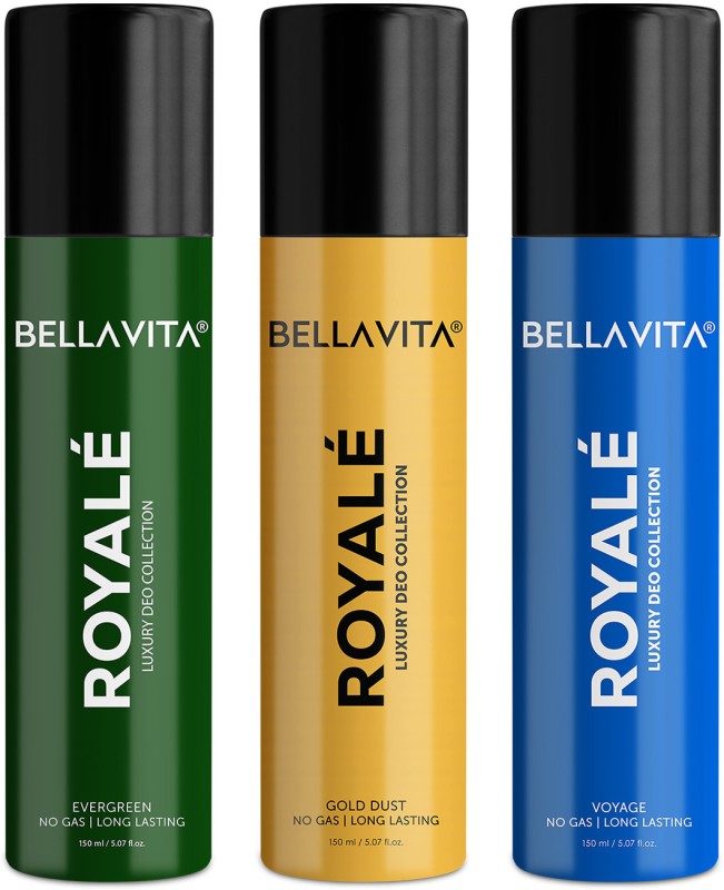 Bellavita Evergreen, Gold Dust & Voyage Deo Parfum Combo|3X150Ml|Long Lasting Body Spray| Body Spray  –  For Men & Women(450 Ml, Pack Of 3)