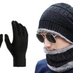 Elegance Living Winter Knit Beanie Cap, Neck Warmer Scarf And Woolen Gloves Set For Men