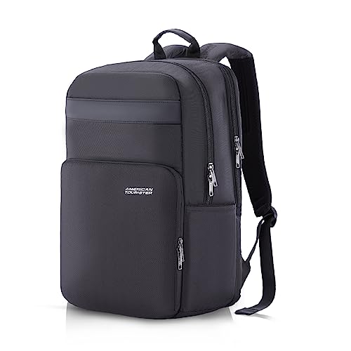 American Tourister Ron Large Laptop Backpack Travel Bag, 28 Ltrs Durable Bags For Mens, College School Computer Backpack Gift For Men Women Boys Girls Kids, Black, With Rain Cover