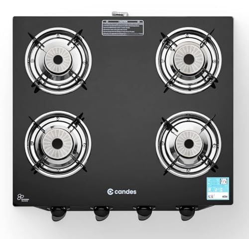 Candes Glass 4 Burner Gas Stove Toughened Glass | Manual Ignition Gas Chulha | Lpg Gas Stove | Isi Certified | 1 Yr Warranty | Gas Stove 4 Burners