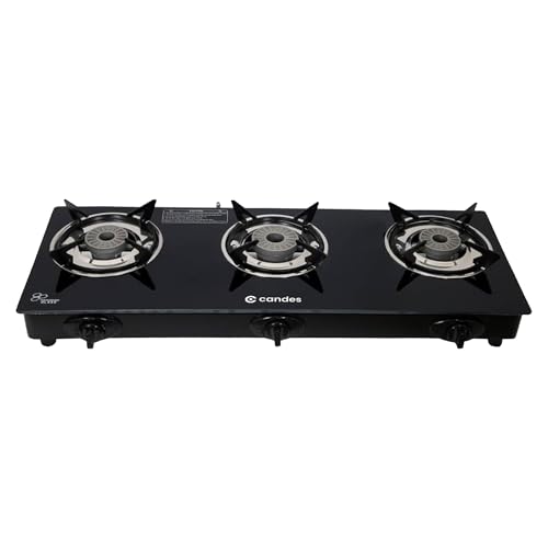 Candes Gas Stove 3 Burners Manual Ignition | 3 Burner Gas Stove With Premium Gas Saver Tornado Burners | 6Mm Toughened Glass Gas Chulha 3 Burner | Lpg Compatible | Isi Certified | 1 Yr Warranty