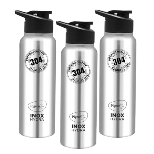 Pigeon By Stovekraft Inox Hydra 700Ml Pack Of 3 Stainless Steel Drinking Water Bottle 700Ml Flipper Cap- Silver (1 Year Warranty)