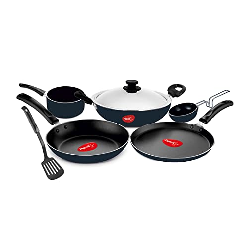 Pigeon Favourite 7 Piece Gift Set Non-Stick Coated Comes With Fry Pan, Kadhai, Lid, Sauce Pan, Spatula, Tadka Pan And A Tawa – Gas Stove Compatible (Blue)