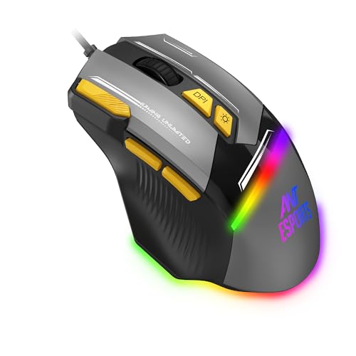 Ant Esports Gm333 Rgb Wired High End Optical Ergonomic Gaming Mouse With 12800 Dpi 1.5M Braided Cable Comes With Latest Inbuilt Software Huano Switches With Rubber Coated Top Cover – Black/Grey/Yellow