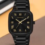 Provogue 03 Square Designer Men Black Watch With Black Dial Gold Figure Stainless Steel Chain With Self Size Adjustable Analog Watch  – For Men