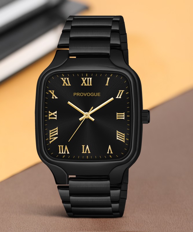 Provogue 03 Square Designer Men Black Watch With Black Dial Gold Figure Stainless Steel Chain With Self Size Adjustable Analog Watch  – For Men