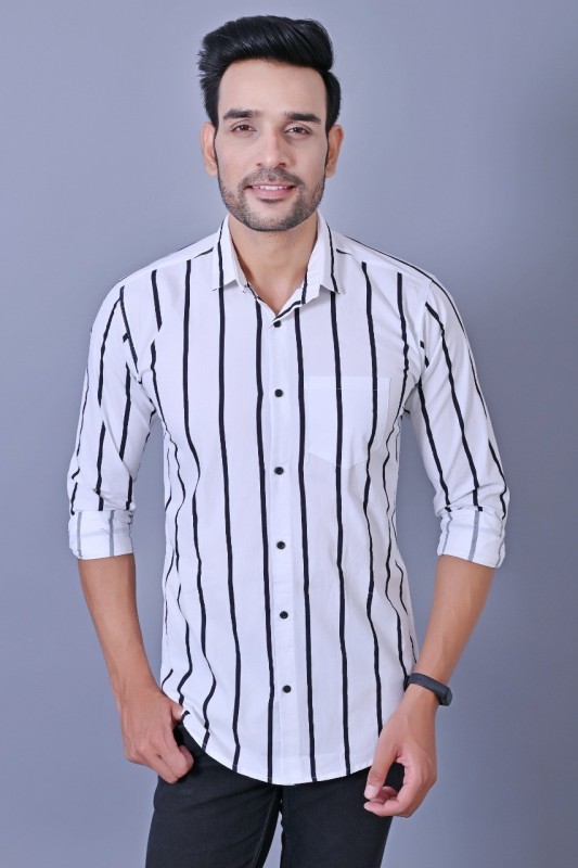 Amyou Men Striped Casual White Shirt