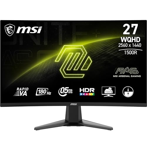 Msi Mag 27Cq6F 27 Inch 2K Wqhd Curved Gaming Monitor – 1500R 2560 X 1440 Rapid Va Panel, 180 Hz / 0.5Ms (Gtg, Min.), Adaptive-Sync – Dp 1.4A, Hdmi 2.0B Cec