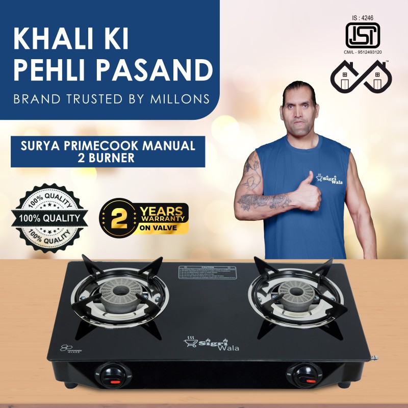 Sigri-Wala Surya Primecook Manual Cute Toughened Glass Gas Stove Glass Manual Gas Stove(2 Burners)