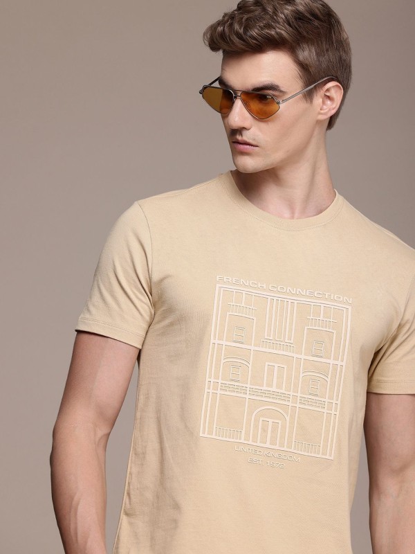 French Connection Printed Men Round Neck Beige T-Shirt